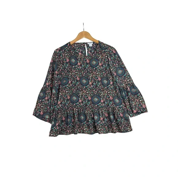 J. Crew Boho Style Peplum Printed Blouse size Medium Black/Pink/Green