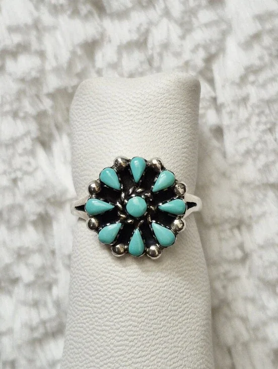Vintage Sterling Silver Turquoise Cluster Floral Ring