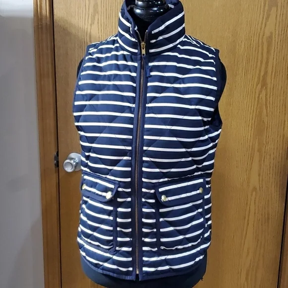 J crew down filled quilted puffer vest navy white striped