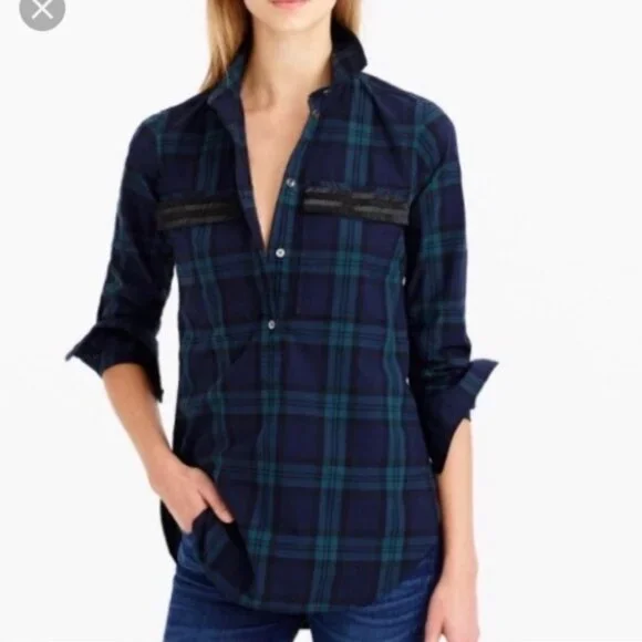 J. Crew Blue Green Tartan Plaid Beaded Pockets Popover Top Size 2