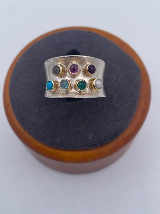 Vintage 925 Sterling Silver Multi Gemstone Cigar Band Ring Size 7