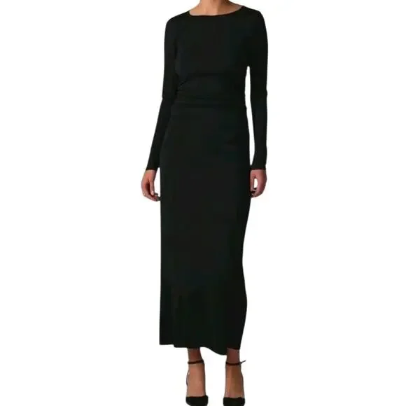 J. Crew Long Sleeve Sheath Midi Dress Jersey Crepe Black Ruched Stretch Medium