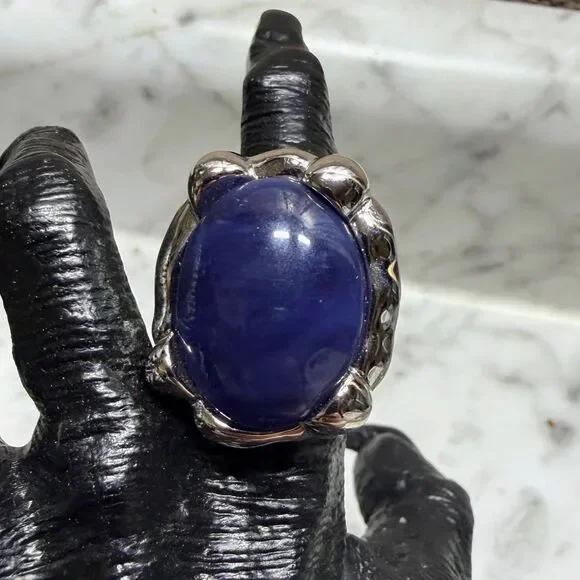 Vintage Lia Sophia Pool Large Oval Blue Cabochon Silvertone Cocktail Ring Size 7