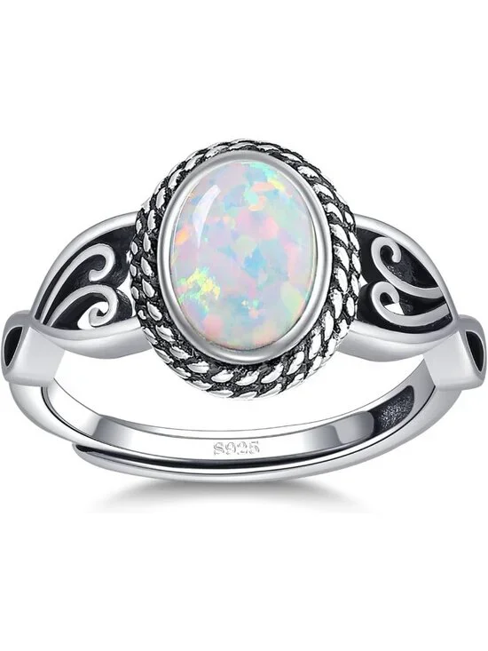 Adjustable 925 Sterling Silver Vintage Rings for Women - Teal Turquoise & Opal