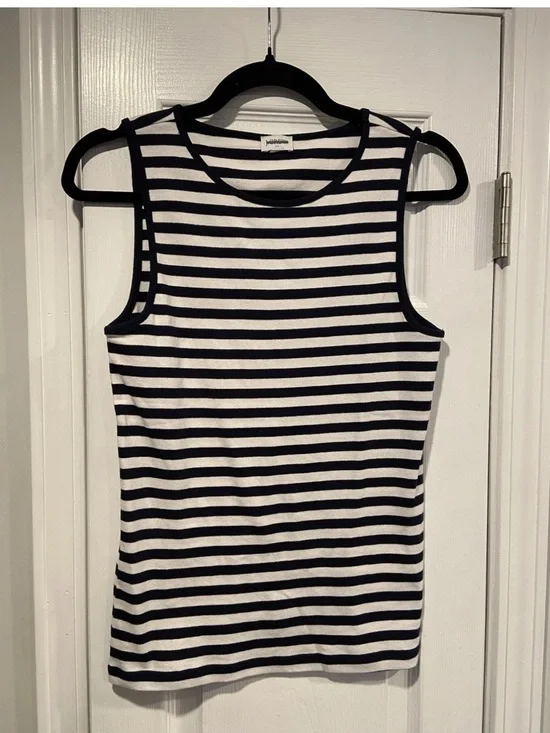 NWOT J. Crew Size S Mid Weight Round Neck Navy White Stripe Knit Cotton Tank Top