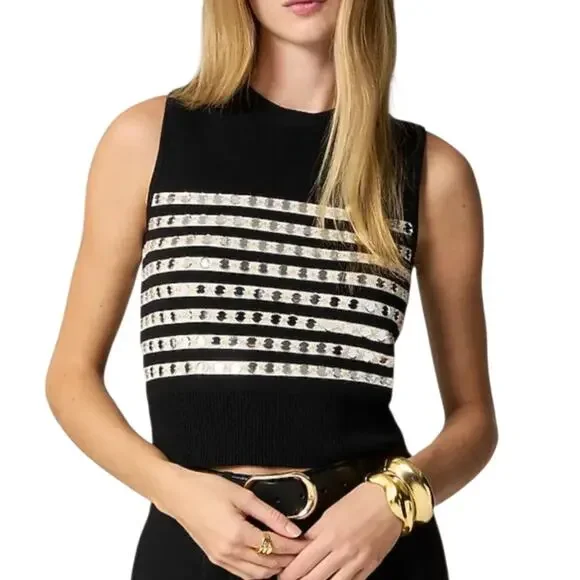 J. Crew Embellished Sweater Shell Black Ivory Beaded Sleeveless Top Crop Medium