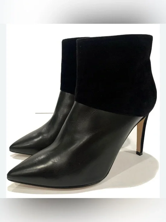 J. Crew Black Leather Pointed-Toe Ankle Booties with Suede Collar