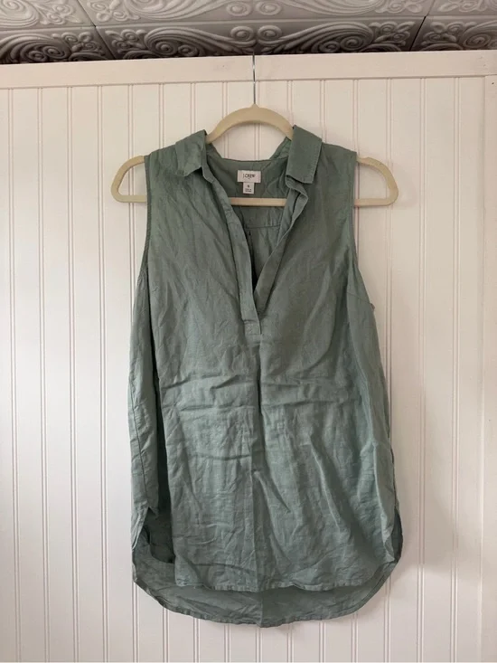 J. Crew Sleeveless Sage Green Linen-Blend Shirt