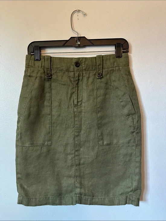 J. Crew Vintage 100% Linen Olive Green Utility Pencil Skirt Women's 0
