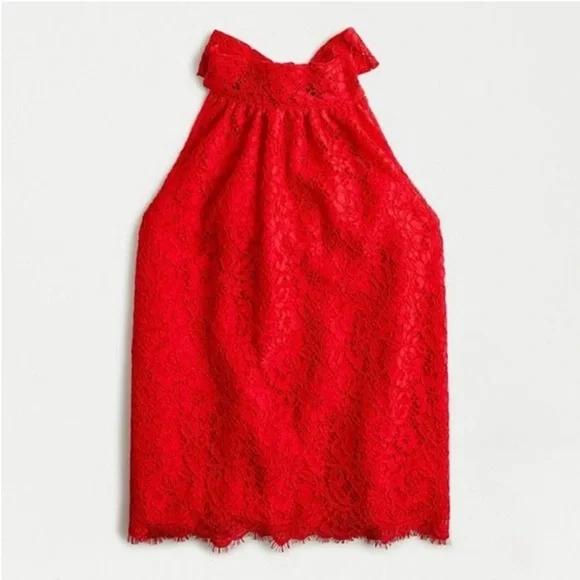 J. Crew Tie Neck scalloped  Red Lace Blouse NWT