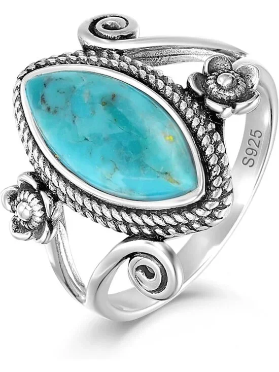 Turquoise Stacking Rings for Women - Vintage Boho 925 Sterling Silver Statement