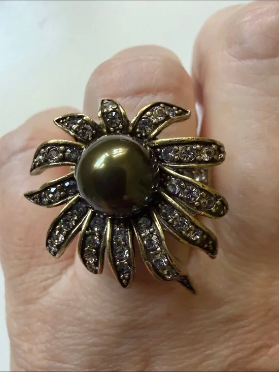 Heidi Daus Gold-Tone Flower Ring with Dark Pearl and Crystals