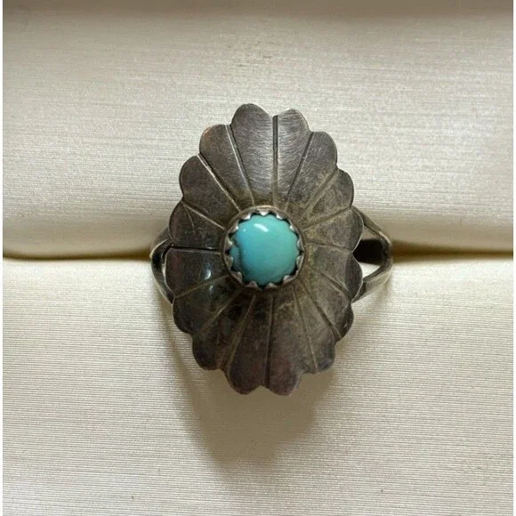 Vintage Navajo Concho Flower Turquoise Sterling Silver Ring Boho Size 7