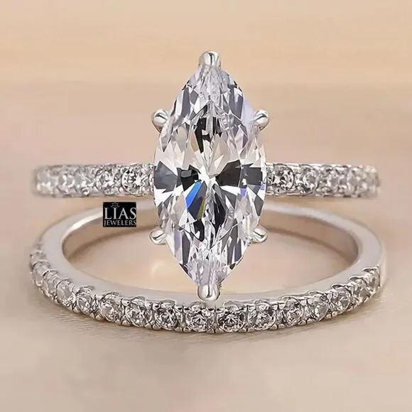New 18k white gold wedding ring set Marquise Cut Ring