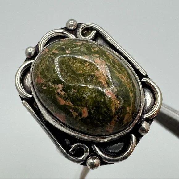 New Asymmetrical Unakite Jasper Silver Tone Statement Ring Size 7