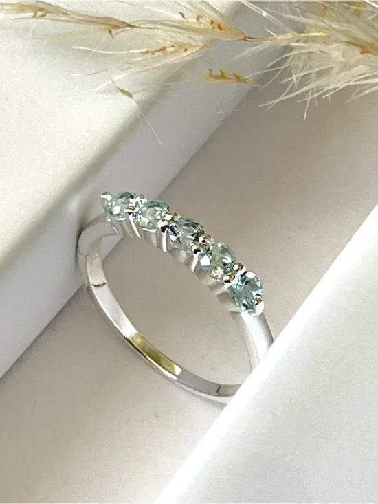 Natural Blue Topaz 925 Sterling Silver half eternity band Ring US:7