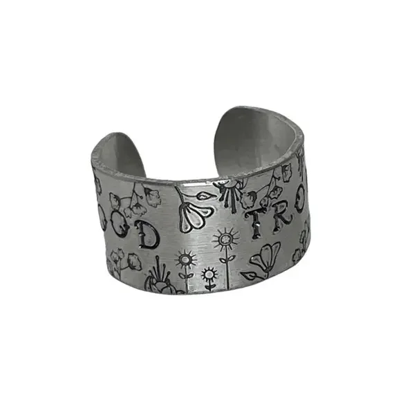Handmade stamped 9 Good Trouble silver hypoallergenic‎ adjustable wide cuff ring