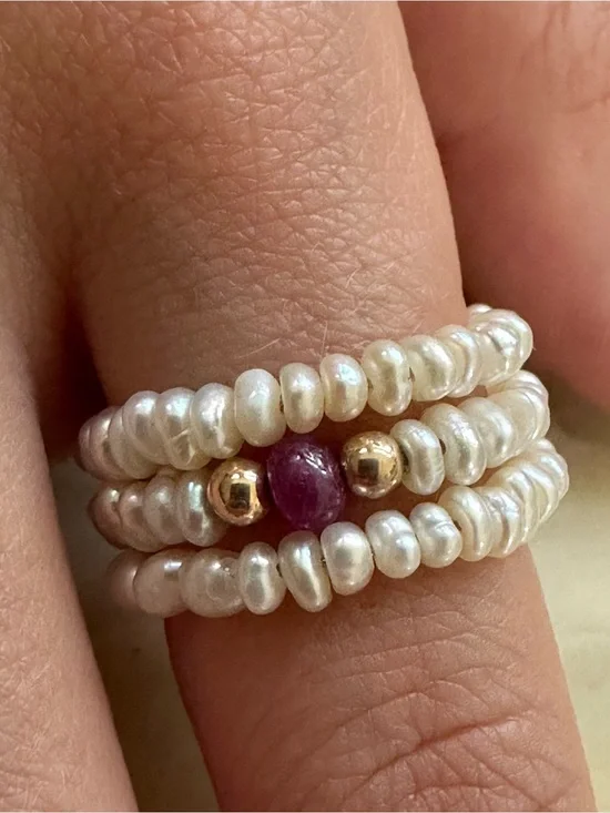14k gold Freshwater Pearl Stacker Ring with Ruby Accent