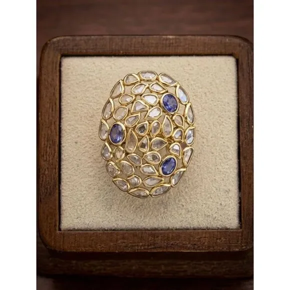 Exquisite Gold Vermeil Rose Cut Diamond & Sapphire Statement Ring | Boho Artisan