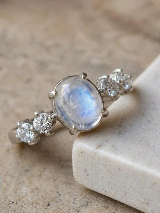 Celestial Dainty 925 Silver Genuine Moonstone CZ Minimalist Ring Size 6