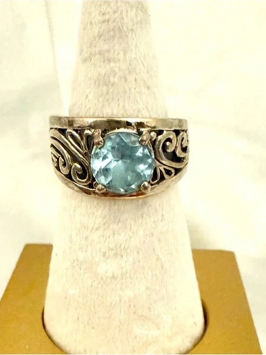 Sterling Silver 925 Blue Topaz Scroll Filigree Wide Band Ring Vintage Size 7