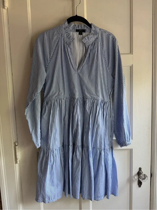 J. Crew Blue and White Striped Long Sleeve Tiered Cotton Dress