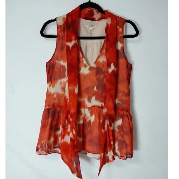 J.Crew Silk Sleeveless Blouse Red Tie-Dye V-Neck Lightweight Women Size 0