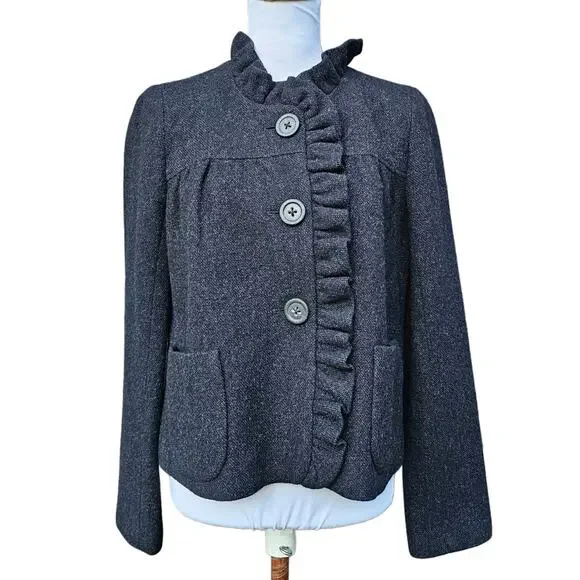 J.Crew Fiona Wool Tweed Ruffle Blazer Jacket Gray Charcoal Size 6 Pockets Preppy