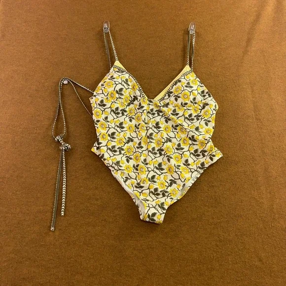 J. Crew Womens 20 Yellow Floral CJ867 V-Neck One Piece Swimsuit NWT