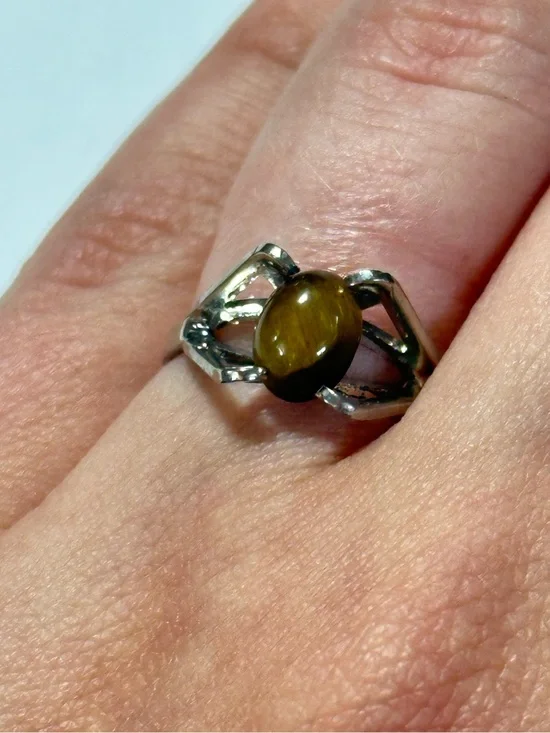 Vintage Modernist Sterling Silver Tiger's Eye Ring Size 6 Geometric Minimalist