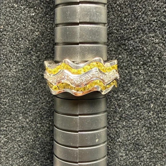 14k White Gold  Wavy Stackable Ring with Yellow and White Diamonds