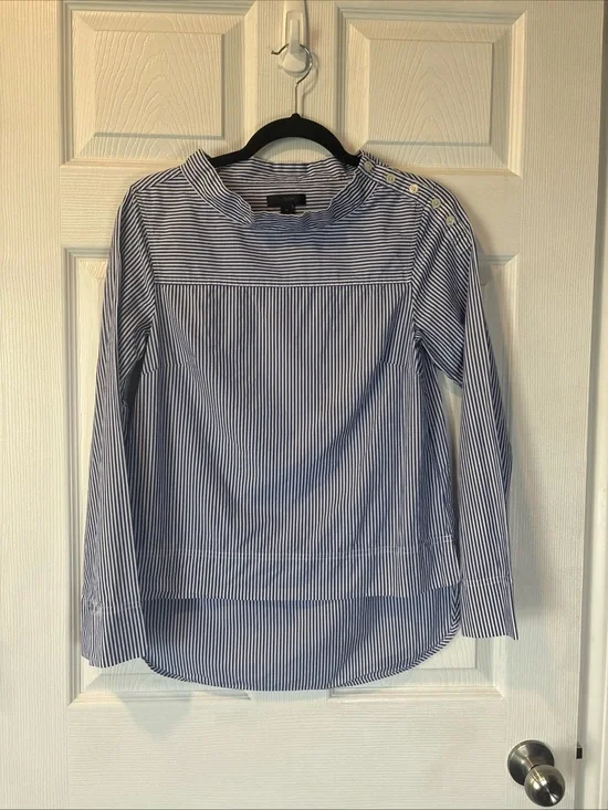 J. Crew Pinstriped Button-Shoulder Women’s Long Sleeve Top - Blue White Size 00
