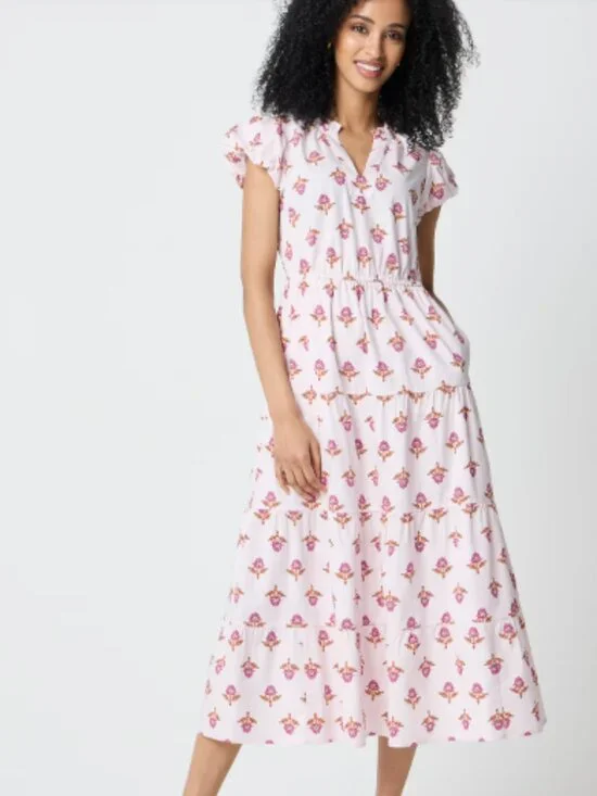 NWT Women's J. Crew White/Light Pink Floral Midi Dress Smocked Waist - 8