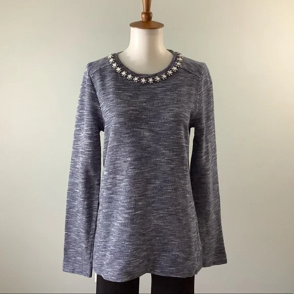 J. Crew Navy Marled Sweatshirt with Jeweled Neckline Size S