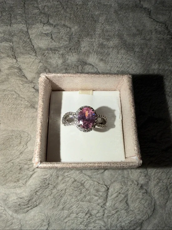Elegant Pink Oval Halo Ring with Silver Band