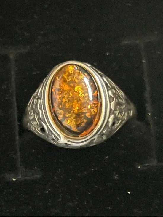 Sterling Silver Amber Ring with Intricate Design, size 7