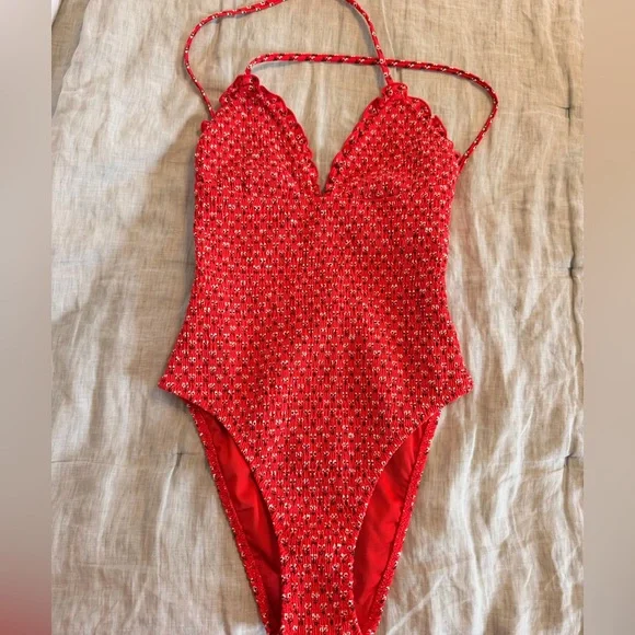 J. Crew Bright Red Textured V-Neck One-Piece Swimsuit
