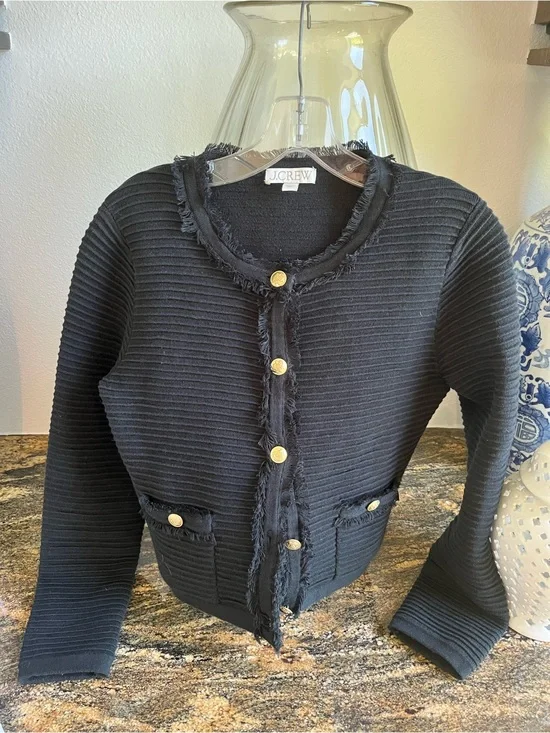J. Crew Black Ribbed Fringe-Trim Gold-Button Cardigan