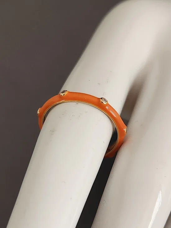 Orange Enamel Dome Ring with Gold And Crystal Accents