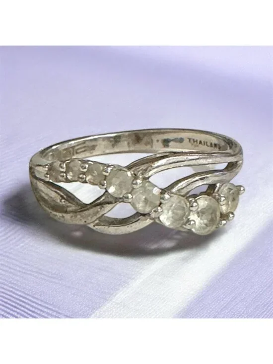 Vintage Criss Cross CZ Sterling Silver Ring Signed Thailand 925 Size 7.75