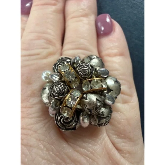 Boho Floral‎ Cluster Ring size 6 Rose Beads Rhinestone Statement Cottagecore
