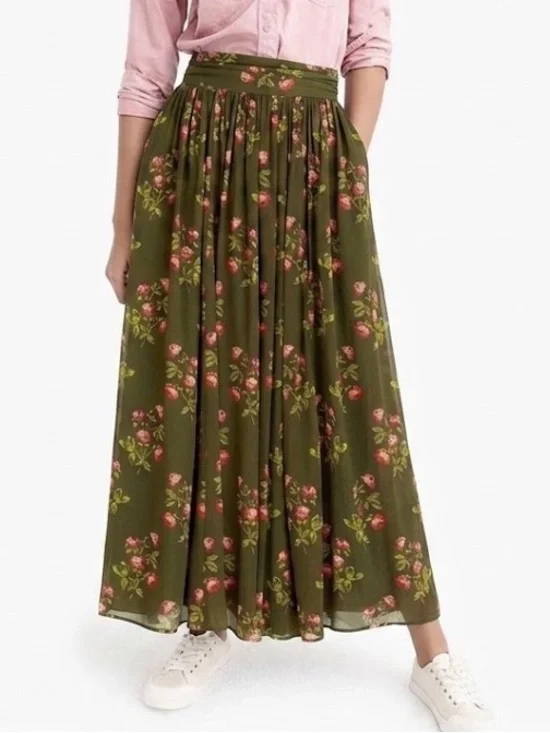 NWT J.Crew Point Sur Floral Dark Green Maxi Skirt Chiffon