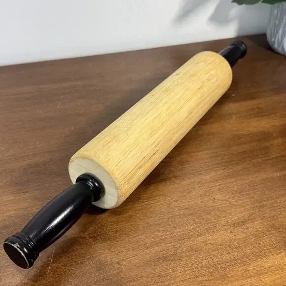 Classic Wood Rolling Pin with Black Handles Baking Wooden 17