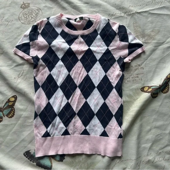 J. Crew Pink and Black Argyle preppy short sleeve‎ shirt
