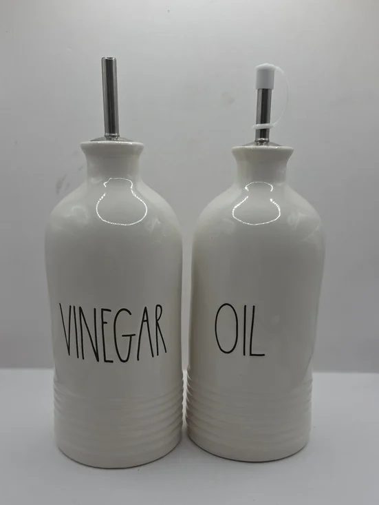 Rae Dunn White OIL & VINEGAR Dispenser Set Magenta Artisan BOUTIQUE Ceramic