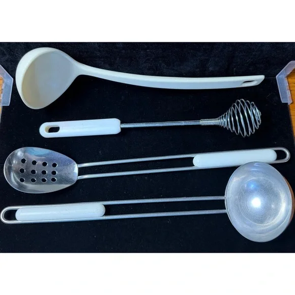 Vintage Kitchen Utensil Set Melamine Ladle Whisk Slotted Spoon Stainless Steel