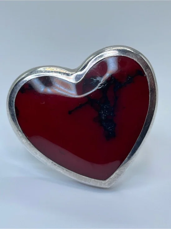 Vintage Taxco Signed Red Jasper Heart Ring Size 7 Statement Southwestern