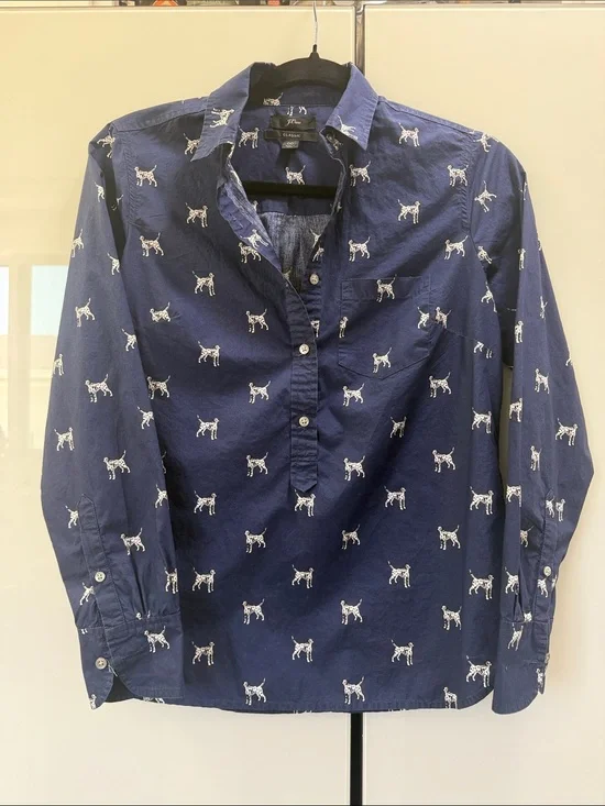 J. Crew Navy Shirt with White Dalmatian Print