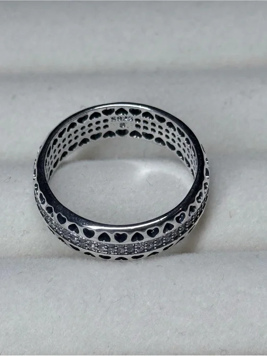Sterling Silver Heart Band Ring with Pavé Cubic Zirconia - Size 8