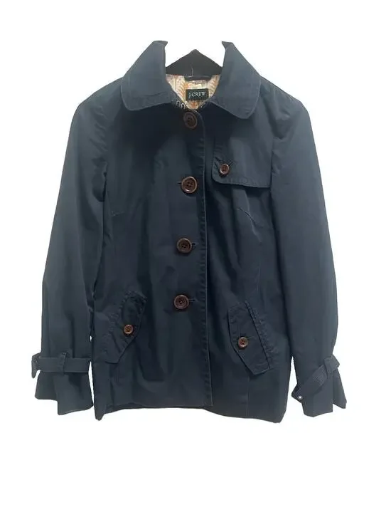 J.Crew Womens 0 Trench Jacket Navy Button Front Cotton Blend Utility Coat